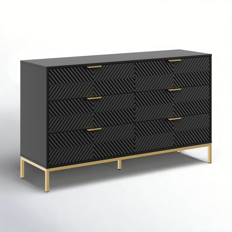 Modern Glam 6-Drawer Dresser, 54" Wide Black Chest with Carved Chevron Drawer Fronts