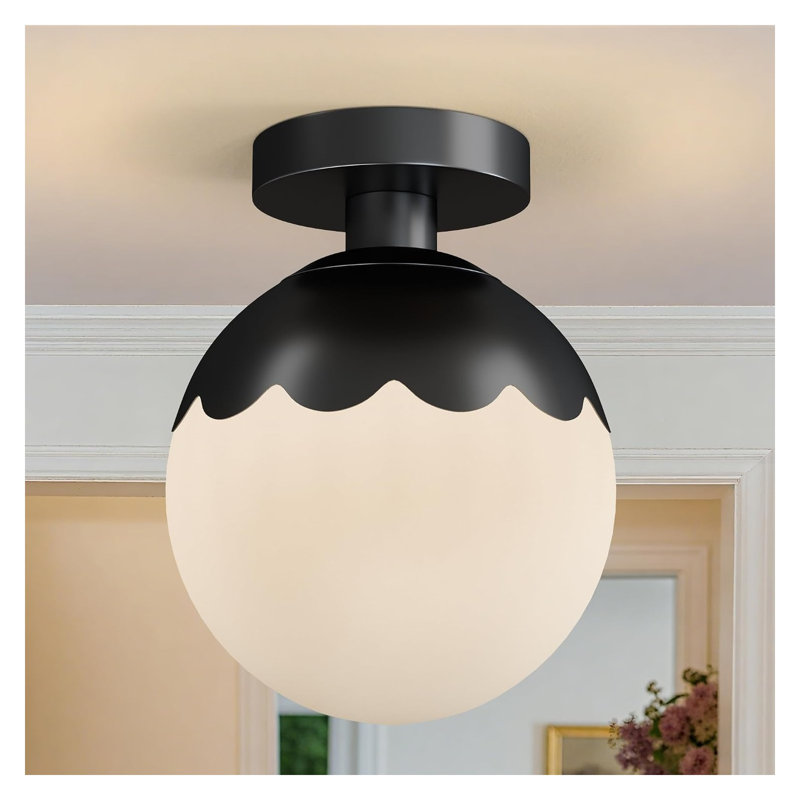 Plafonnier semi-encastré noir avec abat-jour en verre opale et motif ondulé, luminaire moderne de style ferme pour couloir, entrée et placard