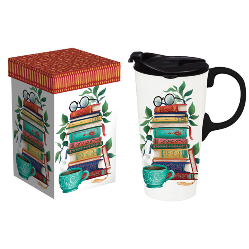 Tasse de voyage en céramique parfaite, 17 oz, avec boîte-cadeau, livres sur livres