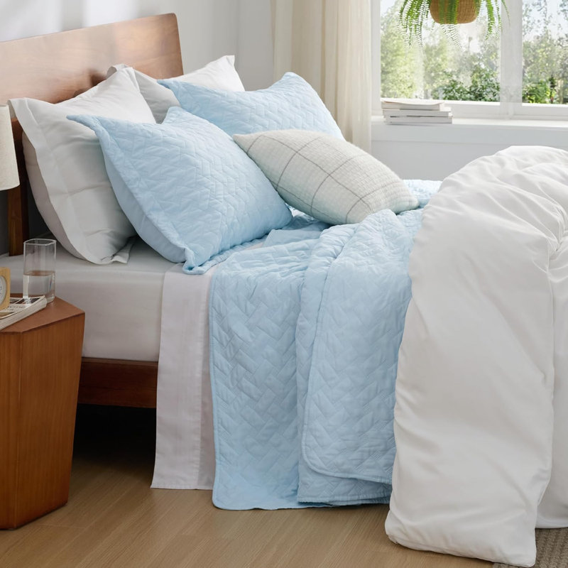 Quilts Lightweight Bedspreads with Basket Weave Pattern, Soft Quilt Bedding Set, Hazel Comforter Set Coverlet, Sky Blue