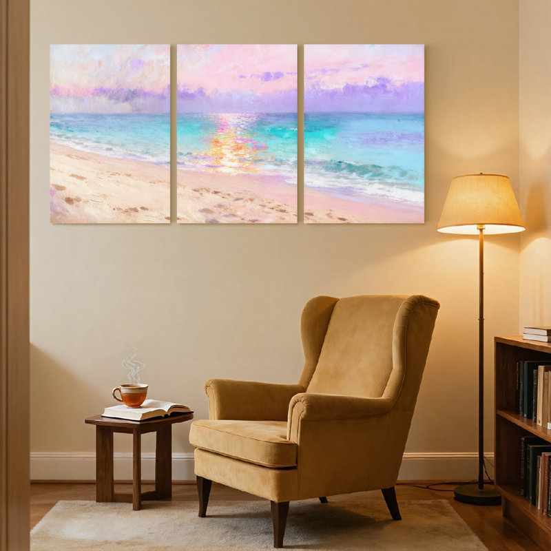 Plage, ciel pastel, plage, coucher de soleil, réflexion, vagues, sable, horizon, ensemble de 3 impressions sur toile