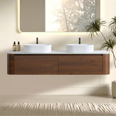 Meuble-lavabo 72 po avec lavabo, armoire murale en noyer avec porte-serviettes gratuit, conception de deux lavabos en céramique à rayures ovales blanches, sans drain ni robinet, pré-assemblé