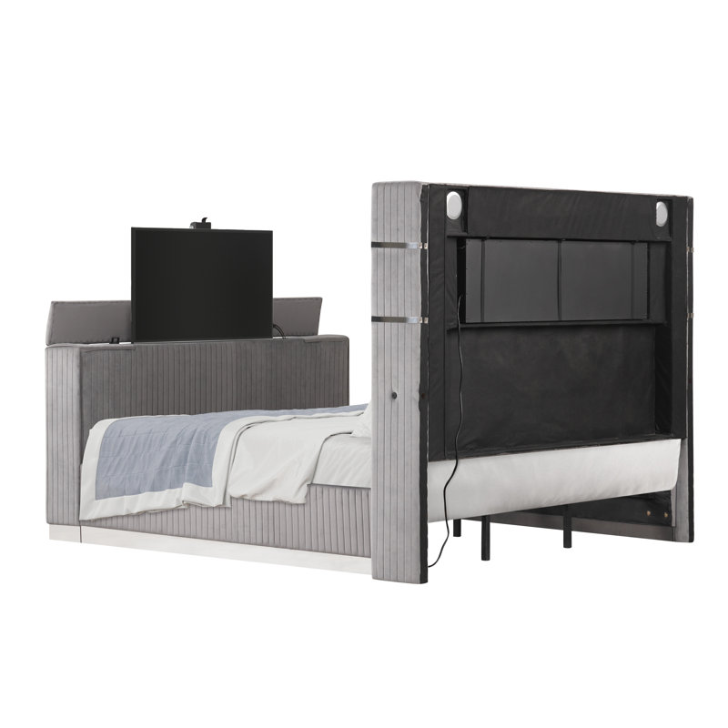 Très grand lit avec rembourrage gris, tête de lit avec foyer et meuble télé chic avec revêtement moderne, en option, Gris