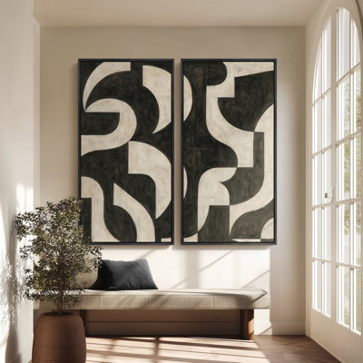 Grand ensemble d'art mural encadré en toile - Motif géométrique moderne noir et beige à motifs abstraits décoratifs de salon contemporain, 60 po x 30 po x 2 pièces