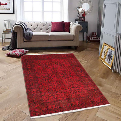 Tapis rouge / noir en laine noué à la main de style oriental Cremeans 4 pi 10 po x 6 pi 3 po