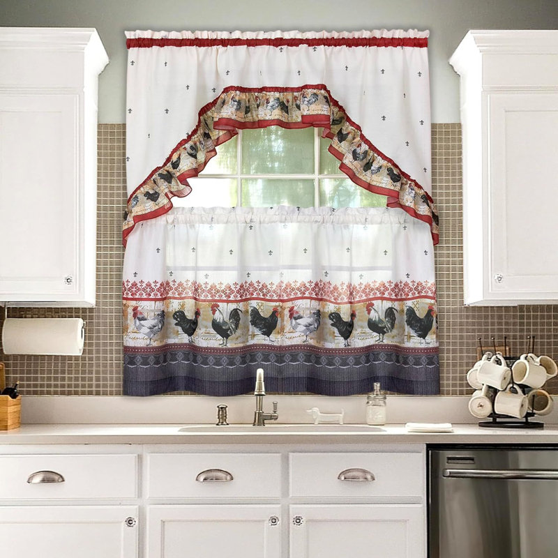Kate Aurora Retro Rooster 3 Piece Kitchen Curtain Set, 58" W x 24" L, Red