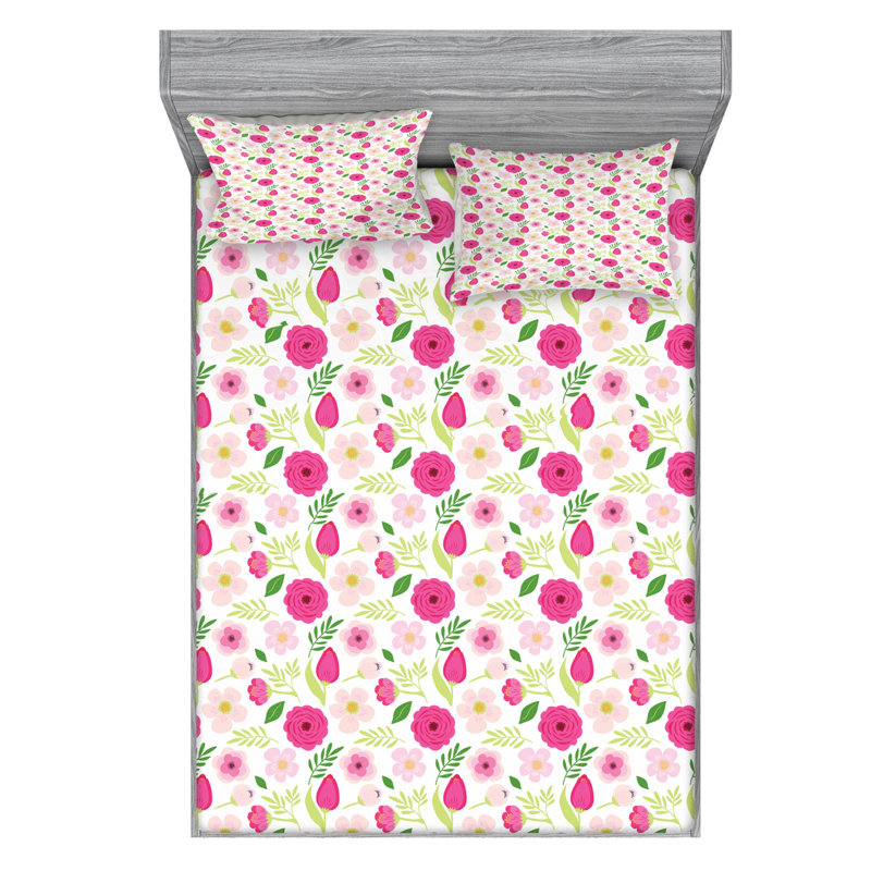Microfiber Floral Fitted Sheet, Queen Fitted Sheet with 2 Pillowcases