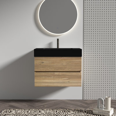 Meuble-lavabo de 30 pi avec lavabo en quartz d'ingénierie et tiroirs noirs doux, meuble-lavabo mural flottant pour salle de bain moderne, lavabo une pièce noir mat, KD