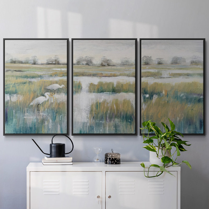 Marshland View V, ensemble de 3 toiles encadrées, H 24 po x l 48 po x P 2 po, Cadre noir