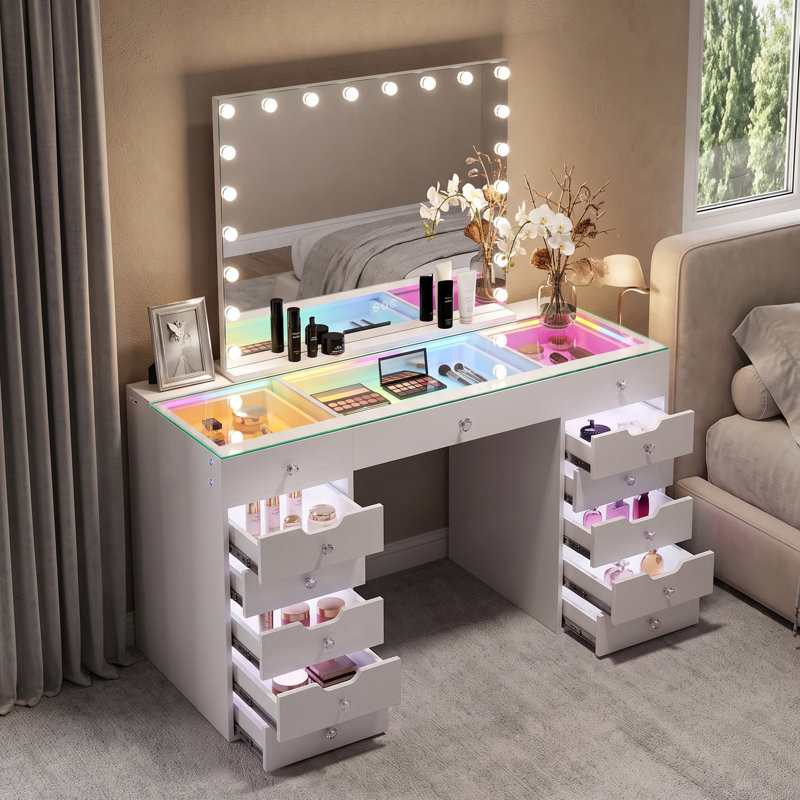 Coiffeuse 59 po pré-assemblée avec miroir Hollywood à DEL, plateau de table en verre trempé RVB, 13 tiroirs lumineux à maquillage pour la chambre à coucher