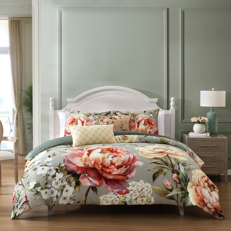 Blush and Sage Floral Queen Cotton Reversible Comforter Set