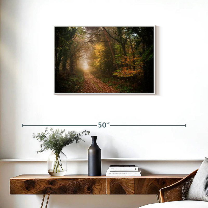 Chemin dans la forêt d'automne, Cadre flottant blanc, 31 po x 21 po
