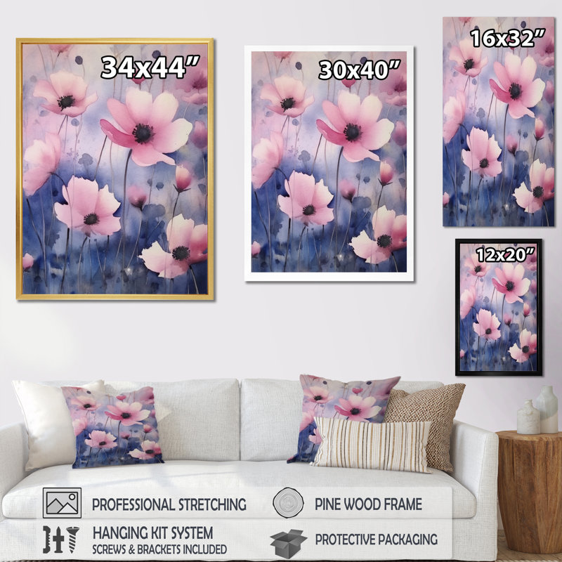 Fleurs roses et bleues - Impression sur toile florale, H 44 po x l 34 po x P 1,5 po, Cadre flottant doré