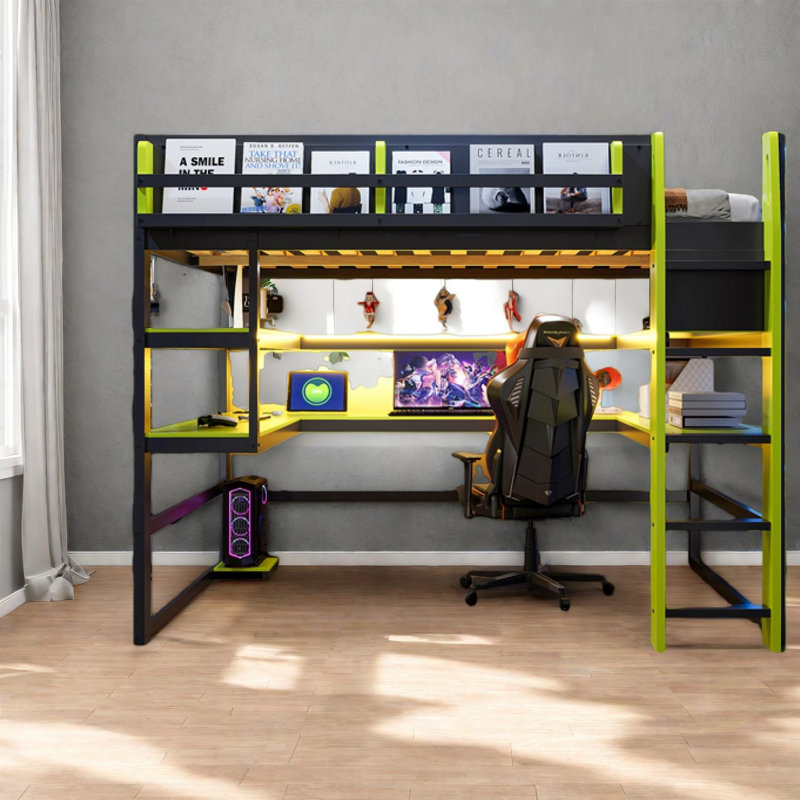 Lit mezzanine double multifonctionnel avec rangement et caractéristiques techniques, conception moderne en bois