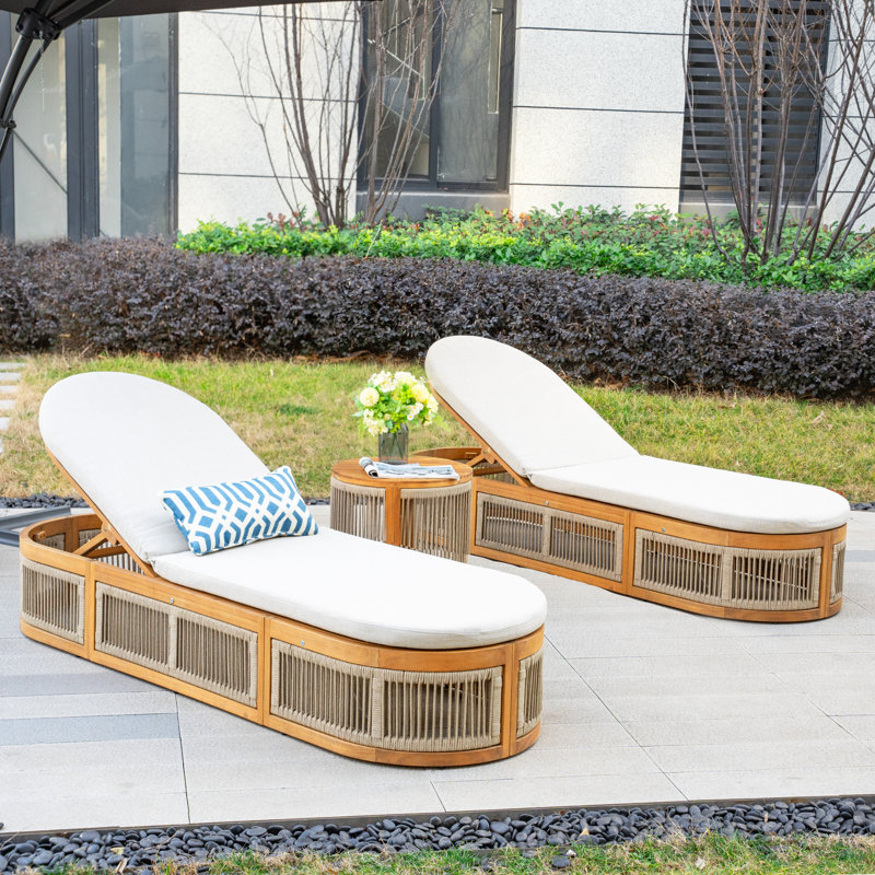 Outdoor Acacia Wood Chaise Lounge Set With Table , Cushion Included