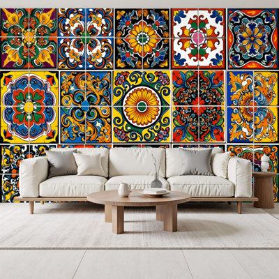 Peel and Stick Wallpaper Colorful Floral Patterned Tiles Intricate Designs Vibrant Colors Wall Murals 69"H x 96"W Removable PVC Wall Paper Self-Adhesive Wall Decor for Bedroom Living Room Home Office