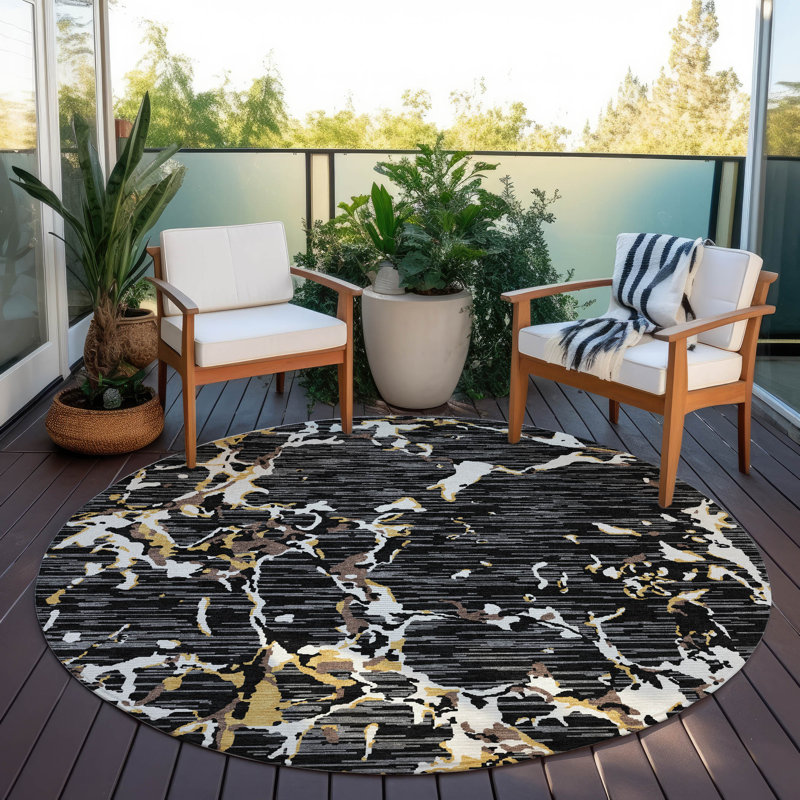 Machine Washable Indoor/Outdoor Chayden ACN1046 Black, Round 8'