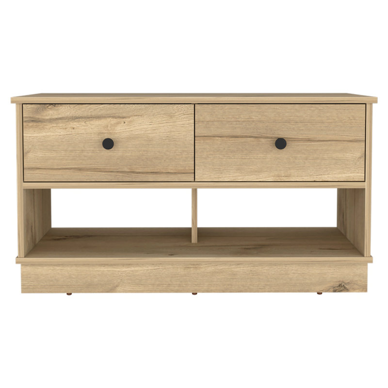 Banc de rangement, deux tablettes ouvertes, deux tiroirs - chêne clair, Beige
