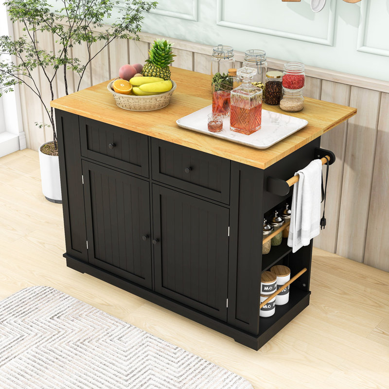 48 inch Kitchen Island with Drop Leaf,Power Outlet and 5 Open Side Racks, Black