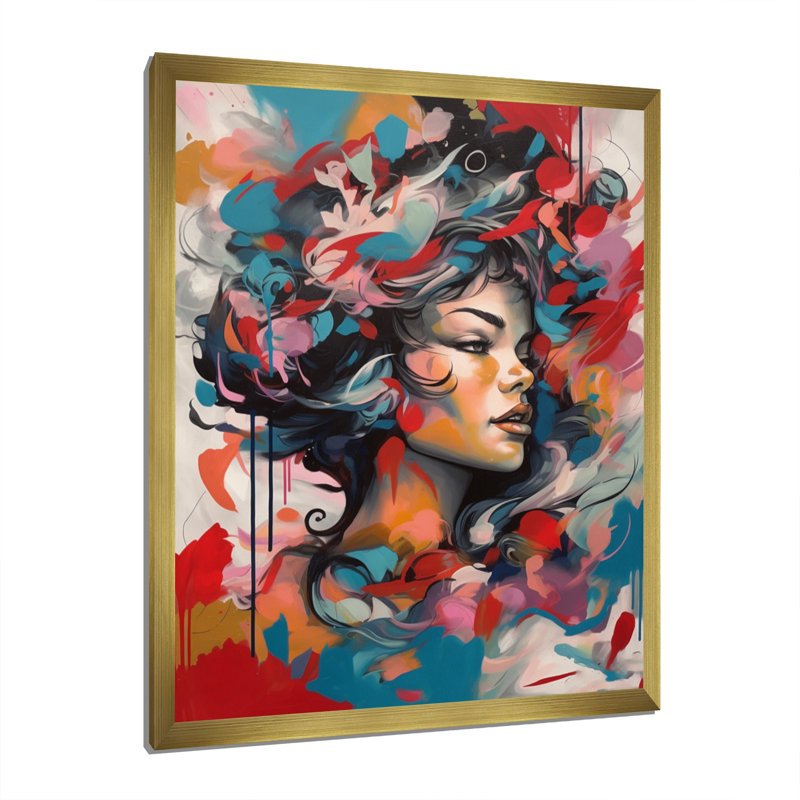 Portrait de femme pop art III sur toile, Encadrement doré, H 44 po x l 34 po x P 1,5 po