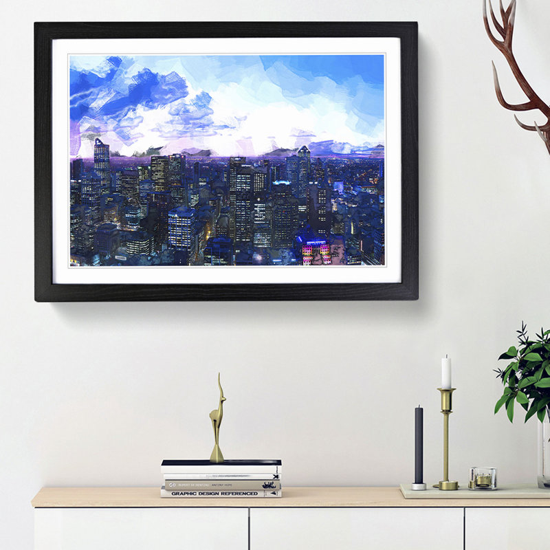 Melbourne Australia Skyline at Dusk in Abstract - Picture Frame Graphic Art Print, 36cm H x 48cm W x 2cm D, Black Framed