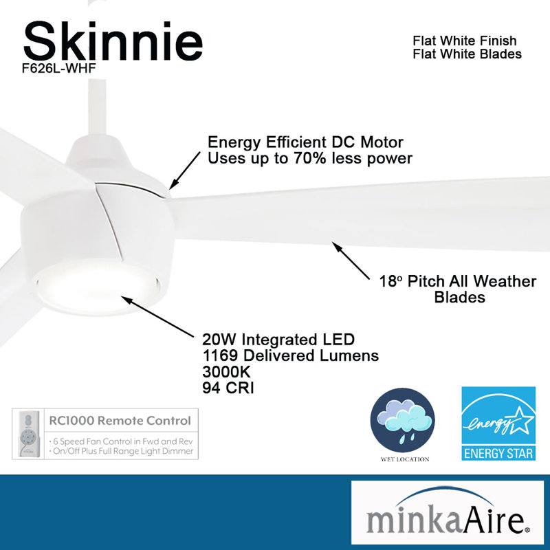 3-Blade 56" Sweep Skinnie Ceiling Fan with Hand Held Remote Control, White Flat