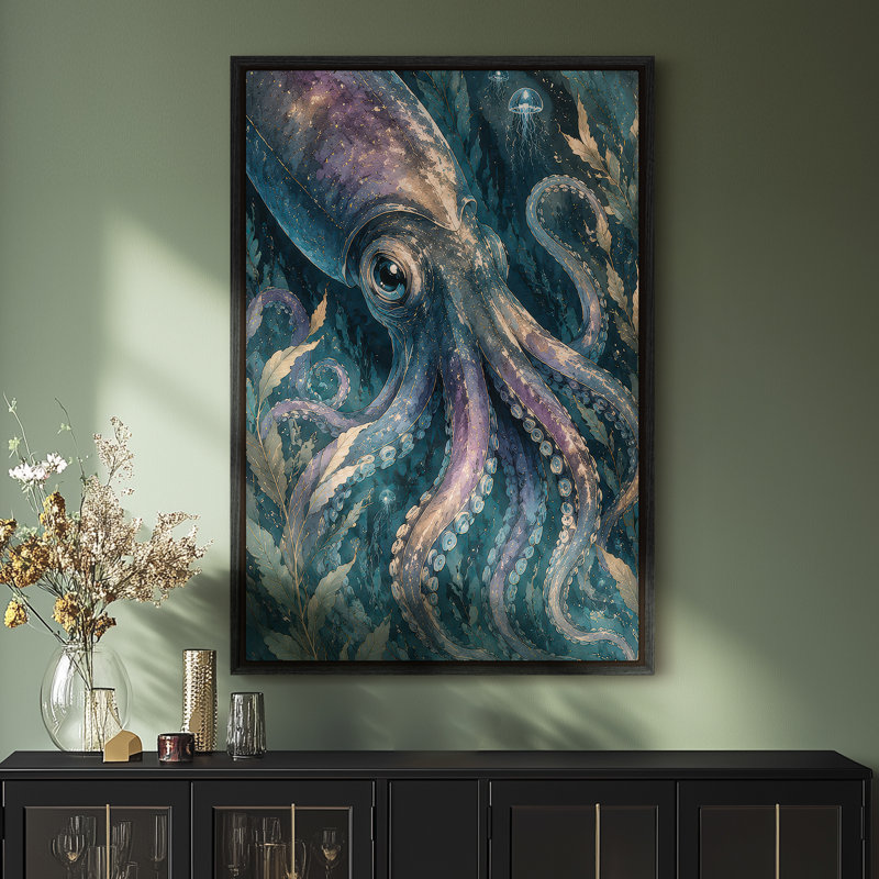 Art mural encadré sur toile - calmar sous-marin et scène de méduse - 16 po x 24 po, 24 po x 36 po, 36" H x 24" W, Black