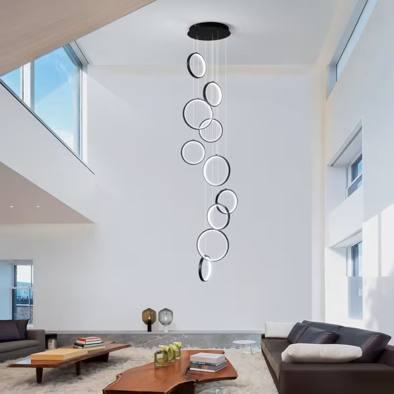 Modern High Ceiling Chandelier With Remote Control, 10-Ring Black Entryway Chandelier Suitable For High Ceilings, 3000K-6000K Dimmable Long LED Chandelier Lighting, Suitable For Entrance Stairs Entryway
