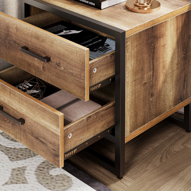 Patchell 19.7"H 2 Drawer Nightstand with Metal Frame, Brown/Matte Black