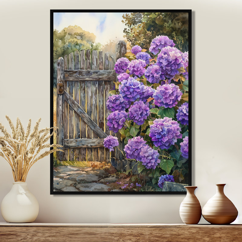 «Alayna Summer Hydrangeas By The Farm Fence I», reproduction sur toile, H 20 po x l 12 po, Reproduction avec cadre flottant