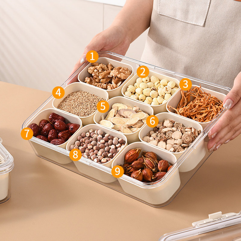 Spice Storage Box 9 Compartments Divided Serving Tray with Lid Food Grade Fruit Nut Snack Storage