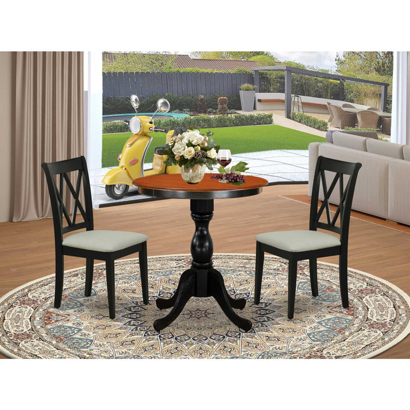 3 Piece Dining Room Table Set Contains a Round Kitchen Table with Pedestal and 2 Linen Fabric Upholstered Dining Chairs, 30x30 Inch, Black & Cherry
