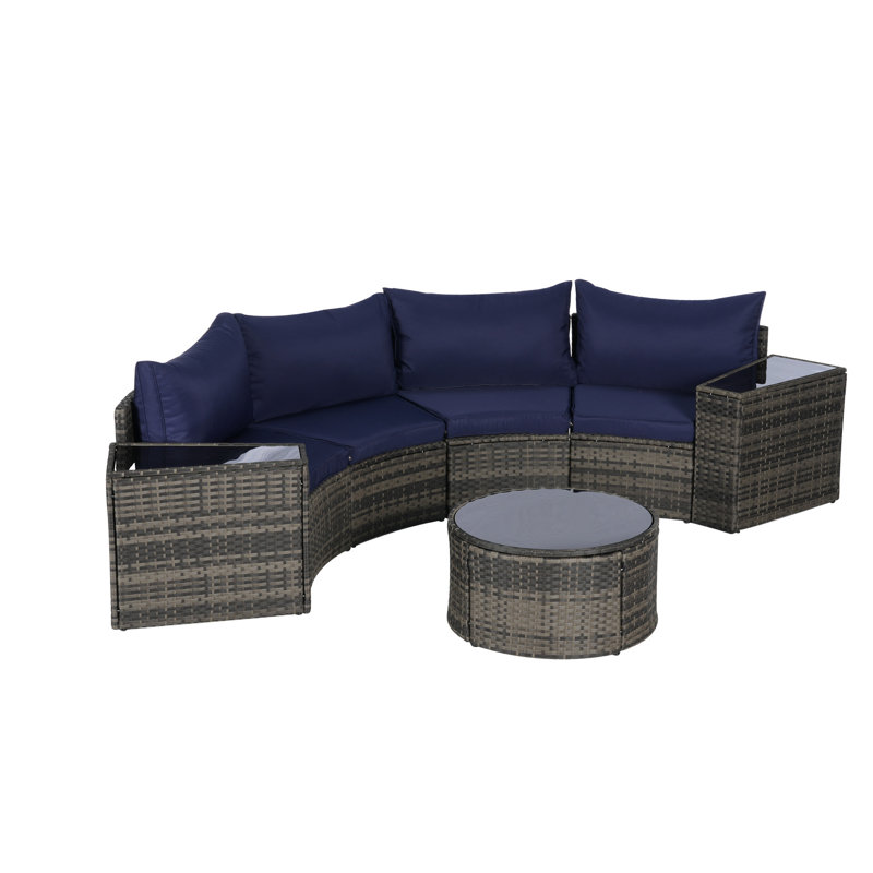 Outdoor Patio 7 Half-Moon Furniture With Coffee Table - Strong Composite Weaving, Breathable Cushions, Tempered Glass , Protected, Cleanable Seating