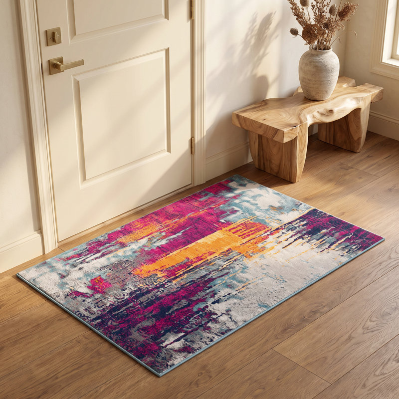 Tapis de couloir abstrait gris ivoire et magenta Comfort, Rectangle 2 pi 3 po x 3 pi 7 po