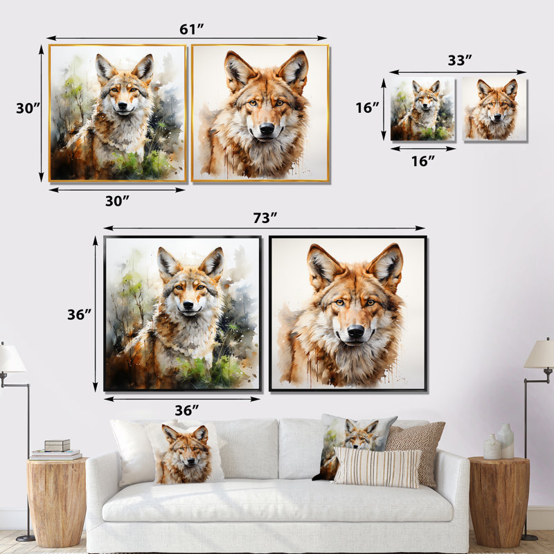 «Whimsical Wanderer Inspired Coyote I - Coyote Wall Art Living Room Ensemble de 2, Cadre noir, H 30 po x l 61 po x P 1 po