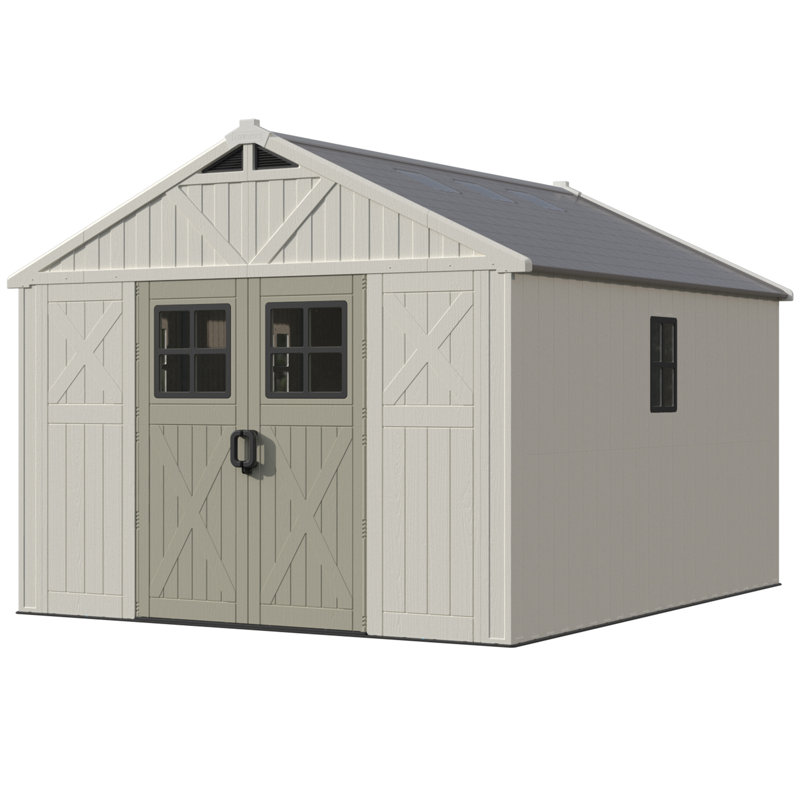 10 Ft. W X 12 Ft. D Plastic Storage Shed With Floor, Resin Shed With Reinforced Steel Structure, Beige