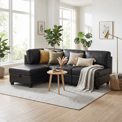 Flexible PU Modular L-Shape Sectional Sofa with Ottoman, Convertible 4-Seat Couch with Hidden Storage & Sleeper Function, Easy Assembly for Living Room, Apartments & Small Spaces
