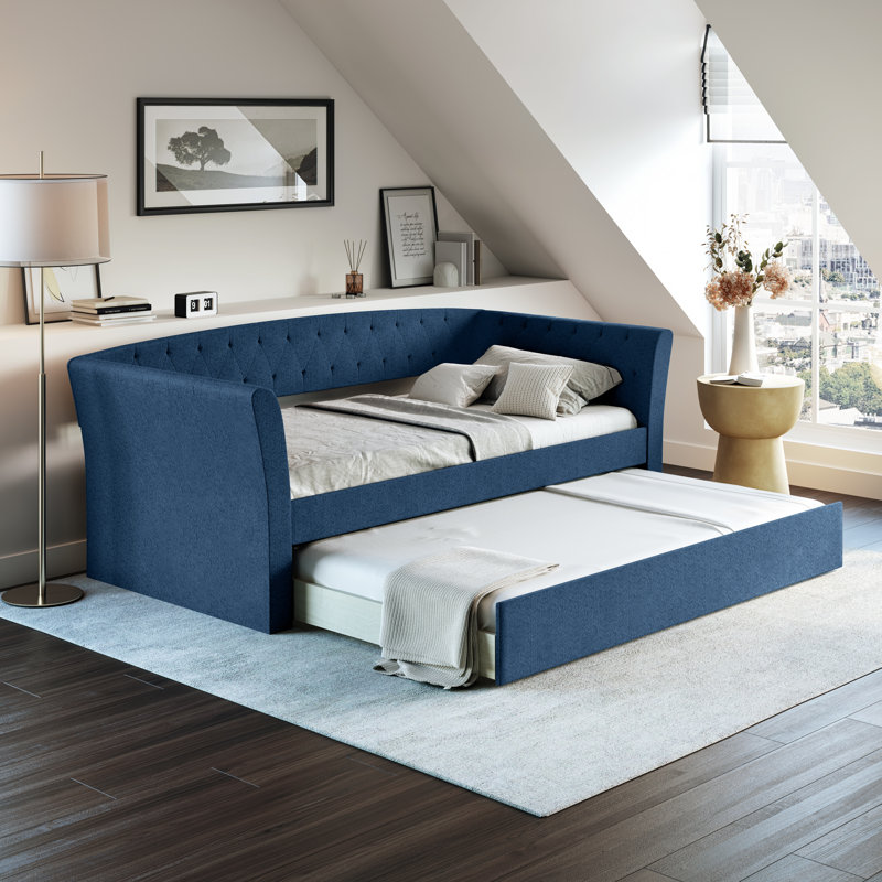  New Castle Upholstered Twin Daybed with Pull out Trundle, Blue
