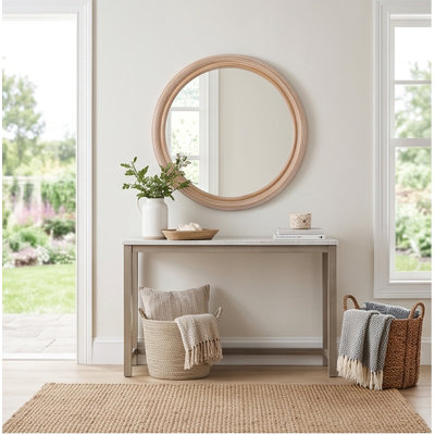 Miroir mural rond en bois naturel de 23,62 pouces avec cadre nervuré, miroir circulaire Coastal Farmhouse