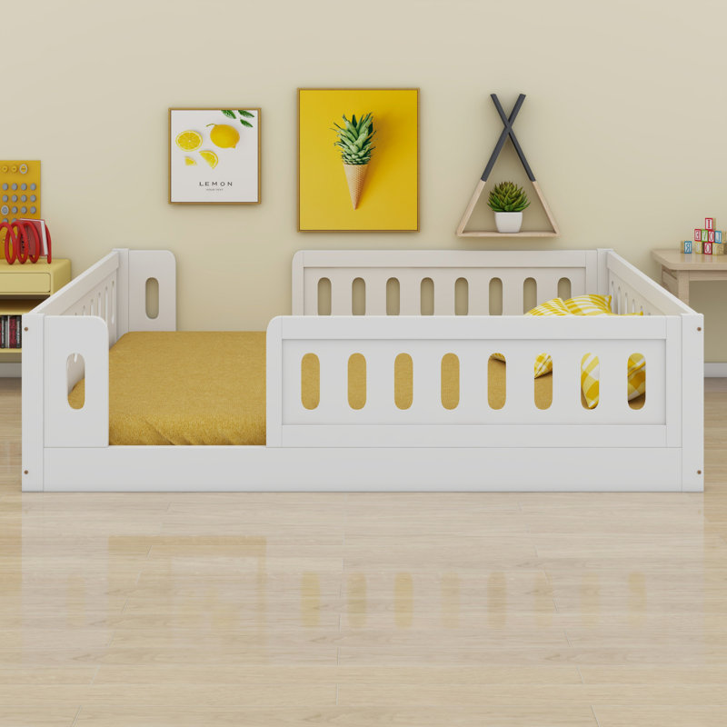Wood Platform Bed With Guardrail, White