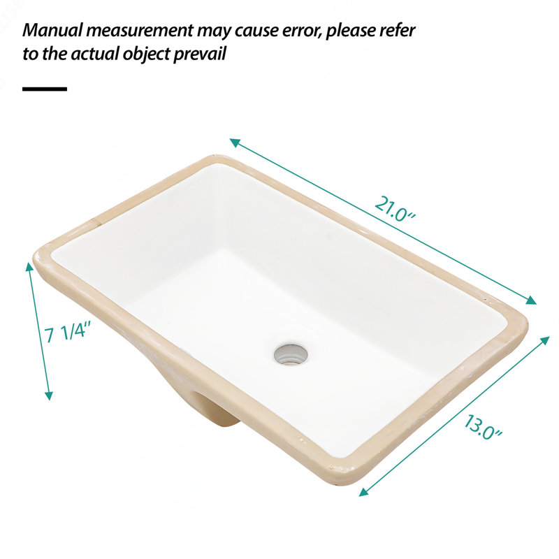 21"x13" White Ceramic Rectangular Undermount Bathroom Sink with Overflow
