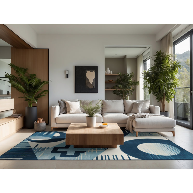 Tapis bleu moelleux moelleux d'inspiration mondiale Midwood, Rond 6 pi