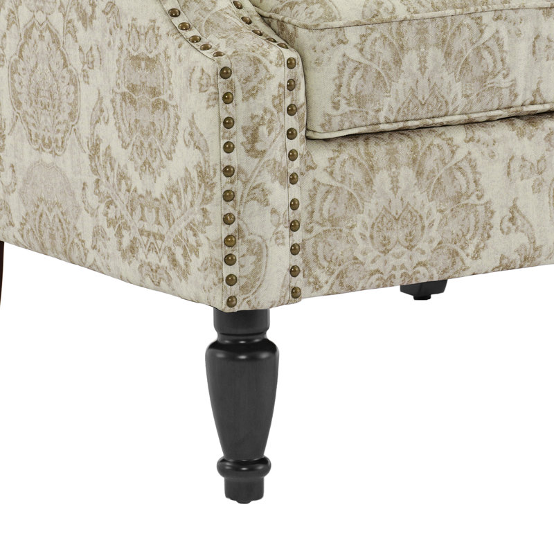 Upholstered Accent Chair, Damask White Polyester/Walnut