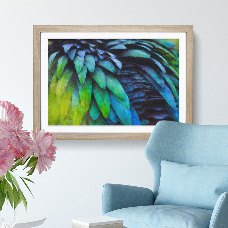 Parrot Feathers - Single Picture Frame Print on MDF, Oak, 62cm H x 87cm W x 2cm D