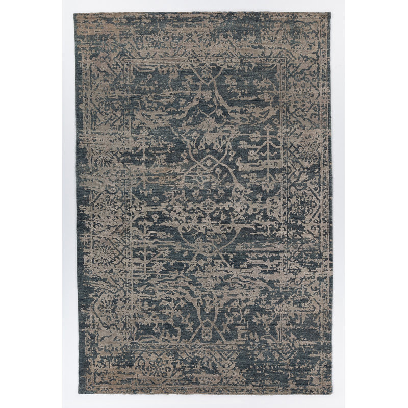 Tapis oriental transitionnel en laine tissé à la main bleu marine et gris Sasha, Rectangle 5 pi x 7 pi 6 po