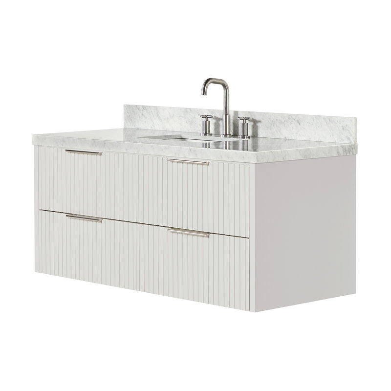 Meuble-lavabo mural simple 49 po avec comptoir en marbre blanc de Carrare Mullin, Rectangulaire, Blanc chaud