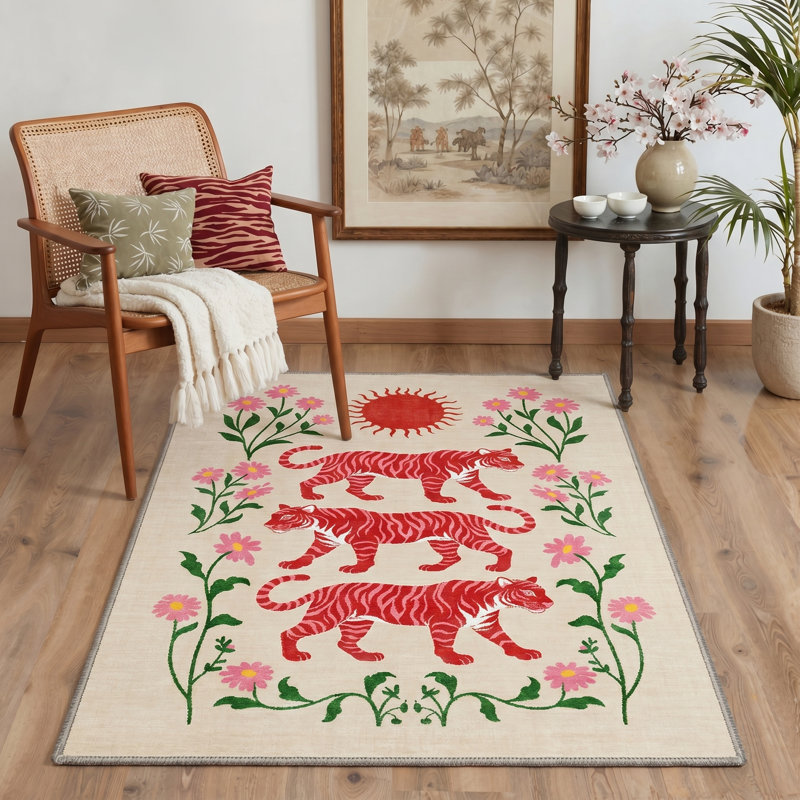 Abraham Tigris Floral Machine Washable Beige / Red Indoor Area Rug with Non-Slip Backing, Rectangle 6' x 9'