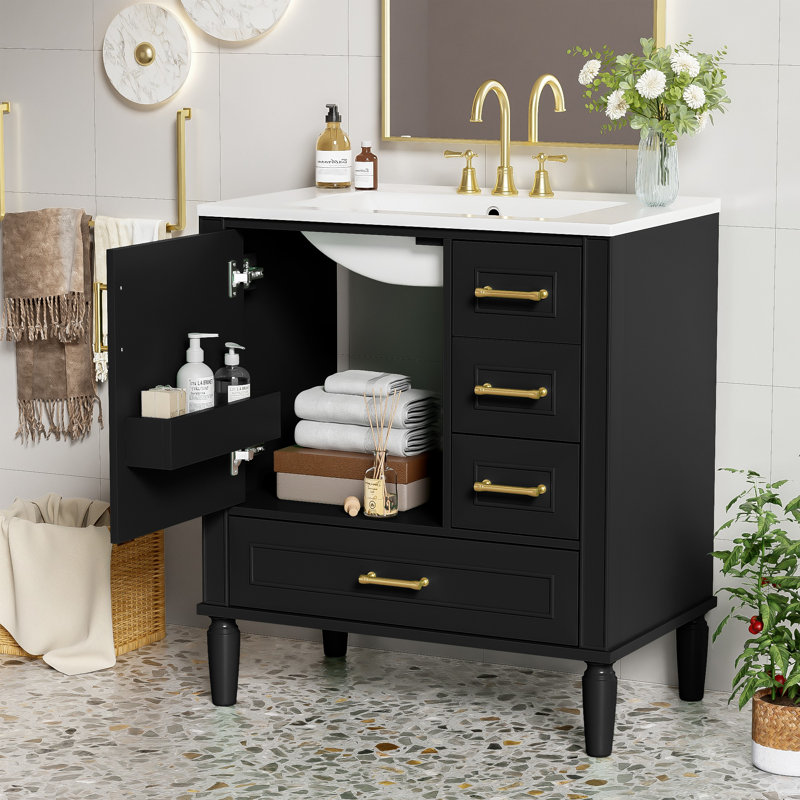 Meuble-lavabo noir traditionnel 30 po, Noir