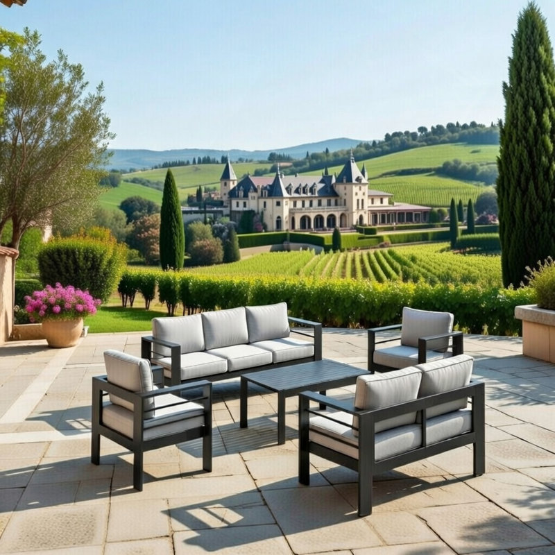 Ensemble de meubles de patio en métal 5 pièces toutes saisons, canapé de conversation 7 places avec coussins épais et structure et table basse