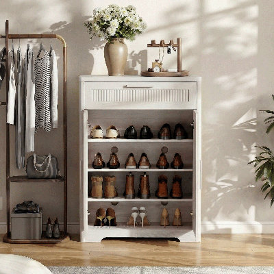 Entryway Shoe Storage Cabinet with Reeded Accent, 6 Ventilation Holes, & Thick Board Construction, Whitewashed Oak